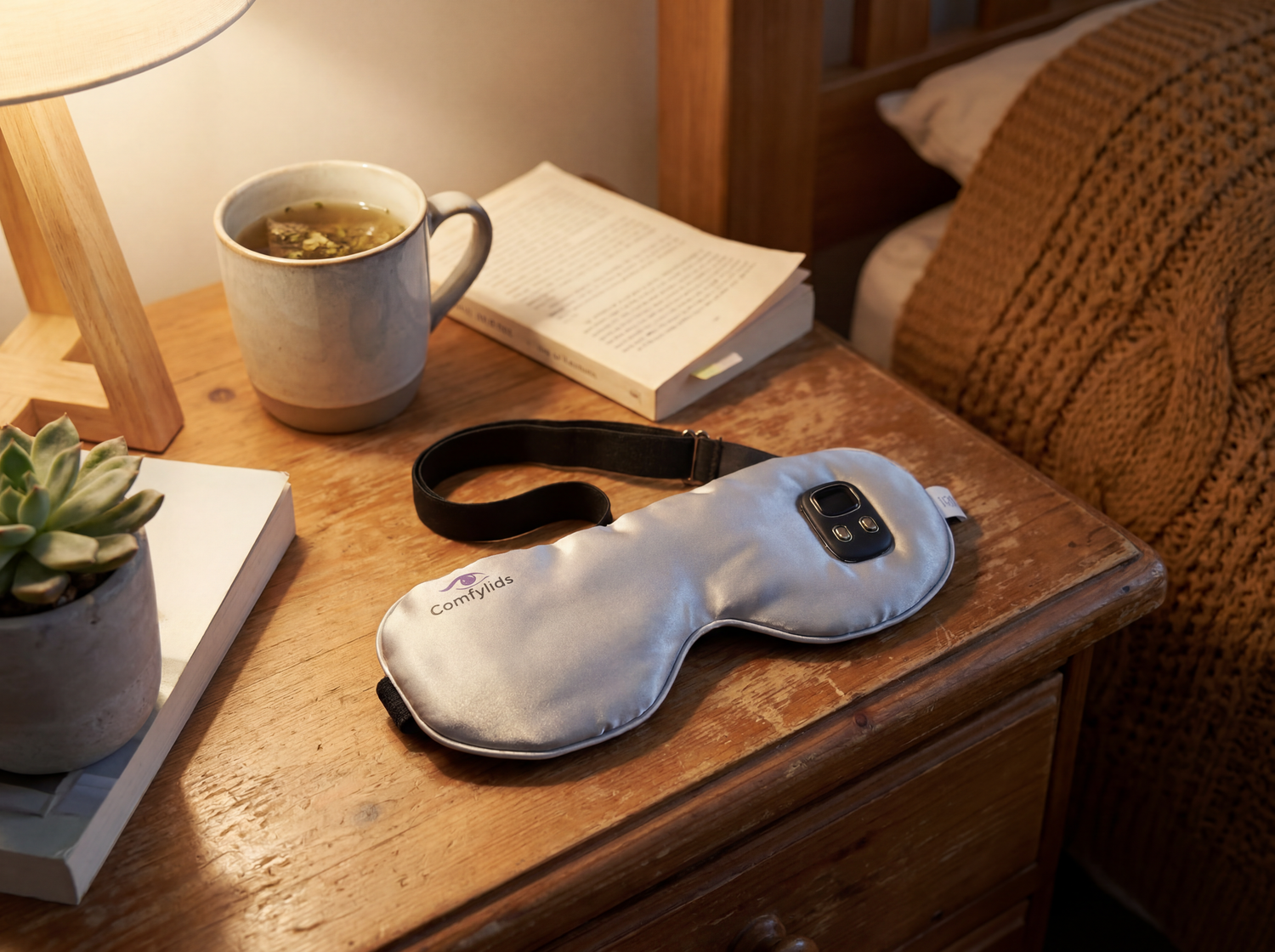 Comfylids heated eye mask on a bedside table with herbal tea and book for nighttime eye care routine