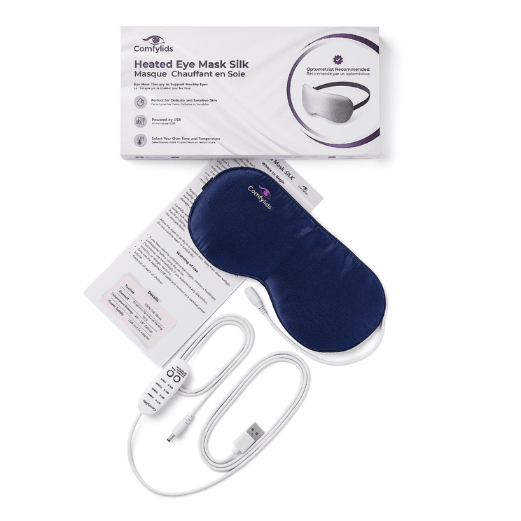 Comfylids Heated Eye Mask SILK complete kit with USB cable, controller, instruction guide and packaging